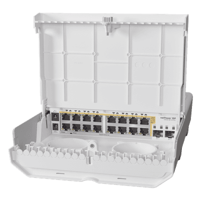 Switch administrable / 16 puertos Gigabit PoE / 2 puertos SFP+ 10G / Exterior / 36 Gbps sin bloqueo / 72 Gbps capacidad de conmutación CRS318-16P-2S+OUT MIKROTIK