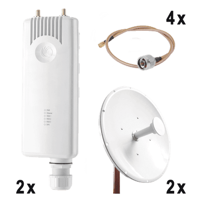 Enlace completo Punto a Punto para servicios TriplePlay, incluye: 2 x FORCE300CSM, 2 x NP2GEN2 de (34 dBi), 4x Jumper FORCE300-KIT34 CAMBIUM NETWORKS