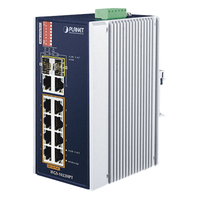 Switch Industrial PoE+ / 8 Puertos 10/100TX / 2 Puertos Gigabit Combo TP/SFP / 240W / -40 a 75°C / Alcance Extendido 250m (820 pies) IFGS-1022HPT PLANET