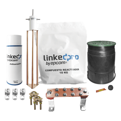 Kit Puesta a Tierra 30A / Electrodo Cobre Electrolítico / Diseño Delta / Filtro Equipotencial / Compuesto 12 kg / Barra Unión + Conectores + Registro LP-GROUND30A-KIT LINKEDPRO BY EPCOM