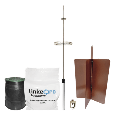Kit Pararrayos / Electrodo de Cobre de Alta Sección / Pararrayos de Aluminio con Ionización / Radio de Cobertura 72° / Diseño para Excavaciones Poco Profundas / Cumple Estándares Internacionales de Telecomunicaciones KLP-DIPOLO-BASIC LINKEDPRO BY EPCOM