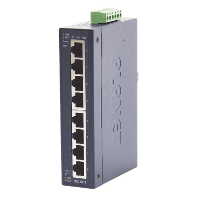 Switch Industrial No Administrable / 8 Puertos Gigabit 10/100/1000T / IP30 / Riel DIN y Pared / -40 a 75°C / 12-48 VDC IGS-801T PLANET