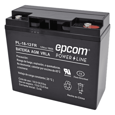 Batería 12 Vcc / 18 Ah / UL / AGM-VRLA / Retardante a la flama / Para uso en equipo electrónico,Alarmas de intrusión / Incendio/ Control de acceso / Video Vigilancia / Terminales tipo M5 ( HEX ) / Cargador recomendado CHR-80. PL-18-12-FR EPCOM POWERLINE