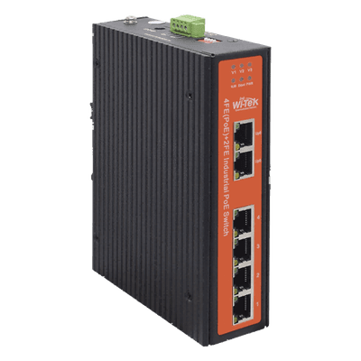 Switch Industrial PoE / 4 Puertos Fast Ethernet 802.3af/at / 2 Puertos Uplink Gigabit / PoE Extendido 250 m / Rango -30°C a 65°C