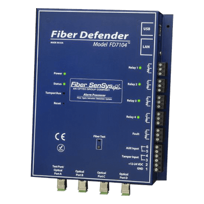 Sensor de Seguridad Perimetral por Fibra Óptica / 4 zonas independientes / 800 m (2,625 pies) máximo por zona / IP66 / Sin componentes activos en campo FD7104 OPTEX