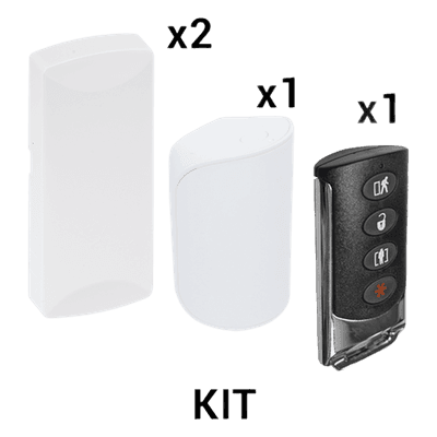 Kit Sensores Inalámbricos / 345 MHz / 2 Contactos Magnéticos / 1 PIR Inmunidad Mascotas 31 kg / 1 Llavero / 12 m (39.4 ft) 90° / Batería 5 Años