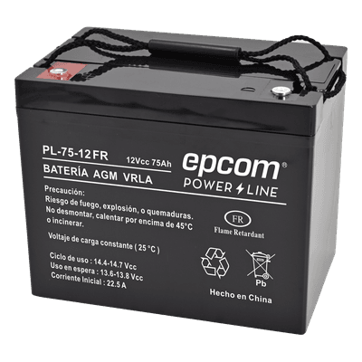Batería 12 Vcc / 75 Ah / UL / Tecnología AGM-VRLA / Retardante a la flama/ Uso en: Aplicaciones fotovoltaicas / Terminales tipo M6 / Cargador recomendado CHR-250. PL7512-FR EPCOM POWERLINE