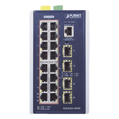 Switch Industrial Capa 3 PoE+ / 16 Puertos 10/100/1000T / 4 Puertos SFP 1G/2.5G / -40°C a 75°C / IP30 IGS-6325-16P4S PLANET