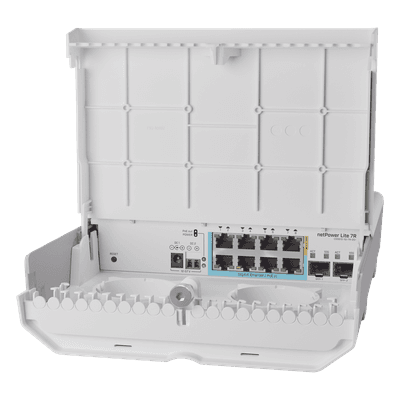 Switch Smart / 7 Puertos PoE Inverso Gigabit / 2 SFP+ 10G / IP66 Exterior / 28 Gbps / 12-57V CSS610-1GI-7R-2S+OUT MIKROTIK