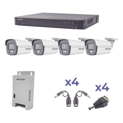 Kit de Videovigilancia TurboHD / 4 Canales / 4 Cámaras Bala 1080p / ColorVu 24/7 / Lente 2.8mm / 98° / Fuente Regulada / Transceptores UTP KH1080P4BC HIKVISION
