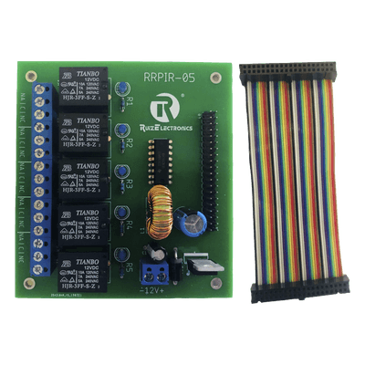 Tablilla interfaz de relevadores / 5 canales / 10A @ 120VCA / Arnés 20x2 pines / 32.8 pies / Raspberry Pi 40 pines RRPIR05 Ruiz Electronics