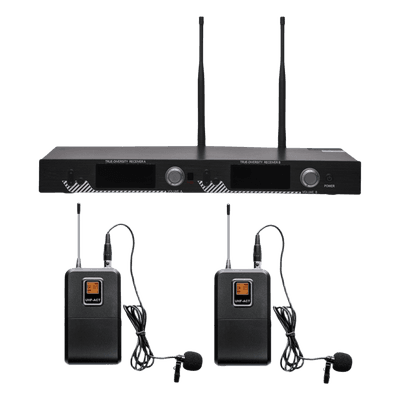 Kit de Micrófonía Inalámbrica UHF / 2 Micrófonos Lavalier / 200 Canales / Alcance 100 m (328 ft) / 15 Horas de Batería / Pantalla LCD EP521UL EPCOM PROAUDIO