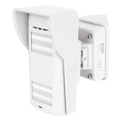 Detector Dual-Tech Inalámbrico para Exterior / Microondas + 2 PIR / Inmunidad Mascotas 35 kg / Montaje Ajustable ±45° / Cobertura 90° con Adaptador / 2 Baterías Litio 3V 4700 mAh DS-PD2-T12P-WEL/WA HIKVISION