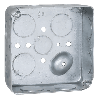 Caja Cuadrada Eléctrica / 4 x 4" / Profundidad 1-1/2" / 21 in³ / 11 Entradas 3/4" y 1 Entrada 1/2" / Acero Galvanizado / Resistencia al Fuego 2 Horas HUB-191 RACO