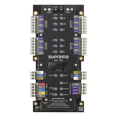 Módulo de Supervisión / 12 Entradas Supervisadas / 2 Relevadores / Conexión en Cascada RS485 / 31 Unidades IM120 SUPREMA