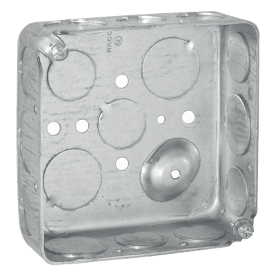 Caja Cuadrada Eléctrica / 4 x 4 in / Profundidad 1.563 in / Capacidad 21 in³ / 17 Entradas Conduit / Acero Galvanizado Troquelado HUB-192 RACO