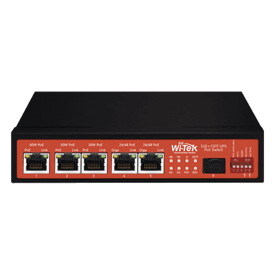 Controlador Solar de 15A con Switch PoE / 1 Puerto Gigabit PoE 802.3 bt / 2 Puertos PoE 802.3 af/at / 2 Puertos PoE Pasivo 24/48 Vcc / 1 Puerto SFP / No administrable WI-PS306GF-UPS-15A WI-TEK