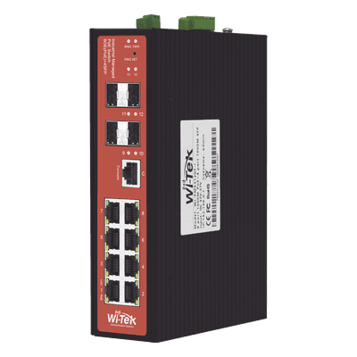 Switch PoE Industrial Administrable / 8 Puertos Gigabit + 4 SFP / PoE Mixto 24V/48V / 802.3af/at/bt 60W / Protección 8kV / Riel DIN / -40°C a 80°C