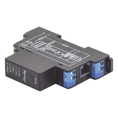 Relevador Inteligente / 2 Canales / 16 A por Canal / Wi-Fi 2.4 GHz / Bluetooth / Ethernet / Medición de Consumo AC / Montaje Riel DIN SHELLYPRO2PM SHELLY