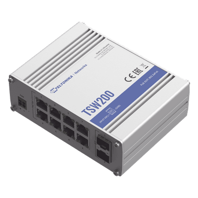 Switch Industrial No-Administrable / 8 Puertos Gigabit PoE+ 30W / 2 Puertos SFP / -40 a 75°C / Aluminio TSW200 TELTONIKA