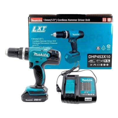 Rotomartillo Atornillador / 1/2" / 2 Velocidades / 0-400 y 0-1300 RPM / 42 Nm / 18V Li-Ion 3.0Ah / 2 Baterías / Freno Eléctrico / 2 kg / 0.79 x 0.26 x 0.80 ft DHP453X10 MAKITA