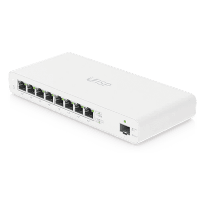 Switch PoE Pasivo / 8 Puertos GbE / 1 Puerto SFP / 110 W (27 V) / 30 W por Puerto / Aislamiento de Puertos / DHCP Snooping UISP-S UBIQUITI