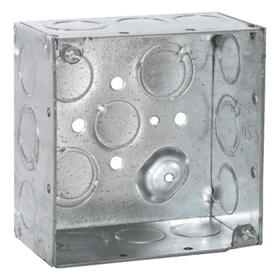 Caja Cuadrada Galvanizada / 4 x 4 in / Profundidad 2.125 in / Capacidad 30.3 in³ / 12 Knockouts / Resistente al Fuego HUB-232 RACO