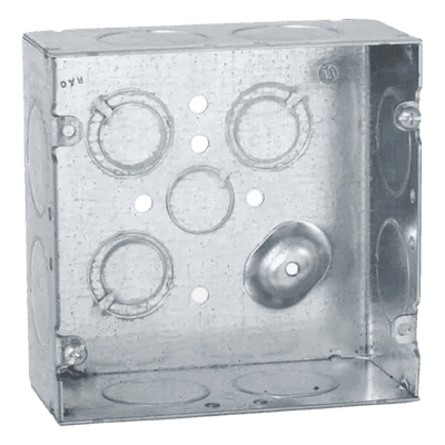 Caja Cuadrada de Acero Galvanizado / Montaje Superficial / 12 Entradas TKO / Capacidad 42 in³ / Dimensiones 4.688 x 4.688 x 2.125 in