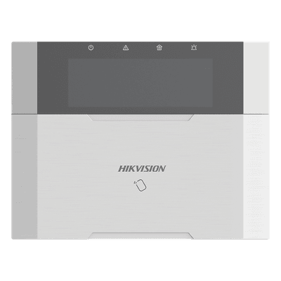 Teclado de alarma / Pantalla LCD / Lector RFID integrado / 2 zonas cableadas / 1 salida de alarma / 64 llaveros / 12VCC / 150x115x28 mm / 5.9x4.5x1.1 in DS-PK1-LRT-HWB HIKVISION