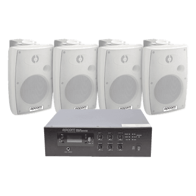 Kit Amplificador 100V / 120W RMS / 4 Altavoces Pared 2.5-20W / Bluetooth MP3 Tuner USB / Sistema Voceo 70/100V SFB120/4WSW EPCOM PROAUDIO