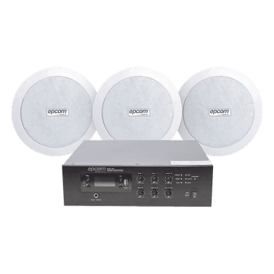 Kit Amplificador 70/100V / 120W RMS / 3 Altavoces de Plafón 5 in / Bluetooth MP3 Tuner USB / Taps 3.75 - 30W SFB120/3CS EPCOM PROAUDIO