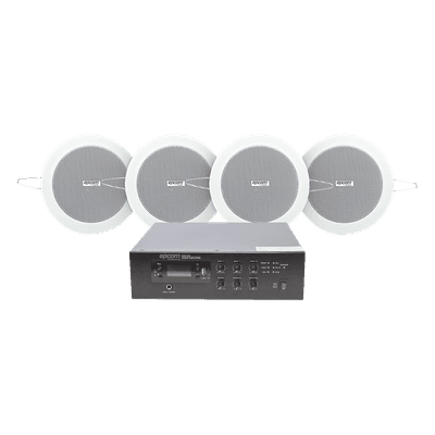 Kit Amplificador Voceo / 120W RMS / Sistema 70/100V / 4 Altavoces de Plafón 4in / Bluetooth y MP3 / Taps 3-6W SFB120/4CS EPCOM PROAUDIO