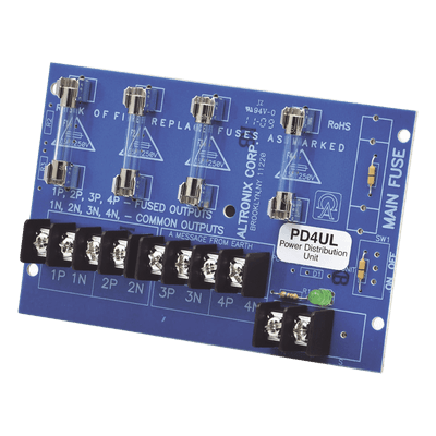 Módulo de Distribución de Energía / 4 Salidas Protegidas / 12-24 Vcc 10 A / 24-28 Vca 12 A / Fusibles 3.5 A PD4UL ALTRONIX