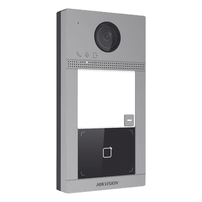 Videoportero IP / 2 Megapixel / PoE / IP65 + IK08 / 1 Departamento / Lector Mifare / 2 Puertas / 6 Monitores / Visión Nocturna IR 3m / Ángulo 129° DS-KV8113-WME1(C) HIKVISION