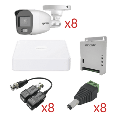Kit TurboHD con Audio / DVR 8 Canales 1080p Lite / 8 Cámaras Bala 2.8 mm 105° / Audio Coaxitron / Luz Blanca 20 m (65.6 ft) / Fuente Regulada KESTG8T8BG/A EPCOM