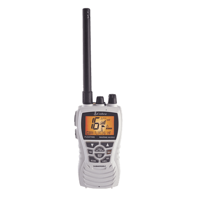 Radio portátil marino, flotante y sumergible con función de eliminación de agua de la bocina mediante vibración, potencia de RF de 6 Watts. MRHH350WFLT COBRA