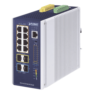 Switch Industrial Administrable Capa 3 / 8 Puertos PoE Gigabit 802.3bt / 2 Puertos SFP 1G/2.5G / 2 Puertos SFP 10G / IP30 / -40 a 75°C / 0.25 x 0.44 x 0.50 ft IGS-6329-8UP2S2X PLANET