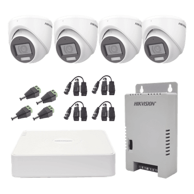Kit de Videovigilancia TurboHD / DVR 4 Canales / 4 Cámaras Eyeball 2 Megapixel / Audio por Coaxitron / Luz Dual 20 m (65.6 ft) Blanca + 30 m (98.4 ft) IR / IP67 / Fuente de Poder Seleccionable KH1080P4ESFH HIKVISION