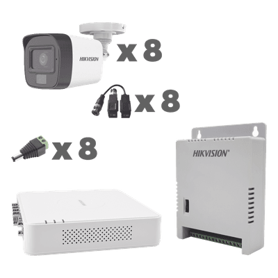 Kit TurboHD / DVR 8 Canales / Audio por Coaxitron / 8 Cámaras 1080p / Micrófono Integrado / Luz Blanca + IR / Fuente Ajustable 12-15 V