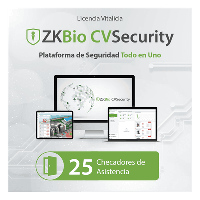 Licencia de software / Gestión 25 dispositivos / Tiempo y asistencia / Paneles InbioPro-Inbio-APX / Biométricos Green Label ZKCVTAP25 ZKTECO
