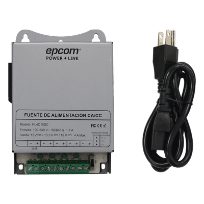 Fuente de Poder Metálica / 4 Canales / Voltaje Ajustable 12/13.5/15 Vcc / 4 A / 48 W / Montaje en Pared PL-4C-15DC EPCOM POWERLINE