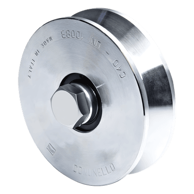 Rueda de Acero para Puerta Corrediza / Canal V / Carga 425 kgf / Diámetro 100 mm (3.9 in) / Cojinete Doble / Fijación M14