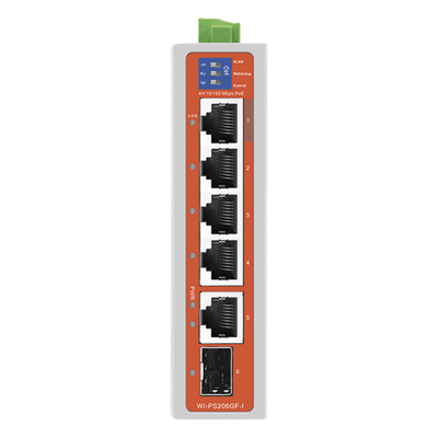 Switch Industrial PoE / 4 Puertos Fast Ethernet / 2 Uplink Gigabit / Alcance 250 m / Protección 6 kV WIPS206GFIV2 WI-TEK