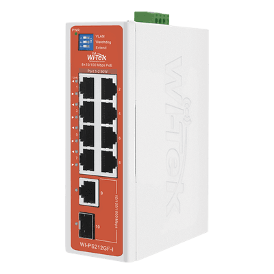 Switch Semi-Industrial / No administrable / 8 puertos 10/100 PoE af/at/bt / 1 puerto Gigabit RJ45 Uplink / 1 puerto SFP Uplink / Presupuesto PoE 110 Watts / WI-PS212GF-I-V2 WI-TEK