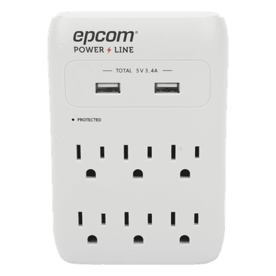 Multicontacto de Pared / 6 Salidas NEMA 5-15R / Supresor de Picos 1080 J / 2 x USB-A 5V/3.4A / 1800W / Filtro EMI/RFI 40 dB EPLSPWUSB EPCOM POWERLINE