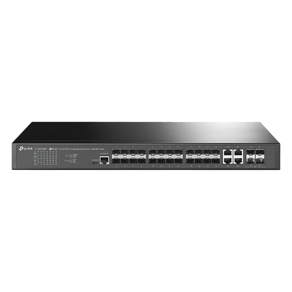 Switch de Fibra Óptica L2+ / 24 Puertos SFP 1GE / 4 Puertos Combinados SFP+/RJ45 / 128 Gbps / 95.23 Mpps / Gestión Centralizada / IPv6 / IGMP Multicast TL-SG3428XF TP-LINK