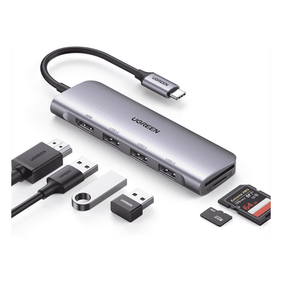 Docking Station USB-C / 6 en 1 / HDMI 4K@30Hz / 3 Puertos USB 3.0 / Lector SD + Micro SD / Aluminio 20956A UGREEN