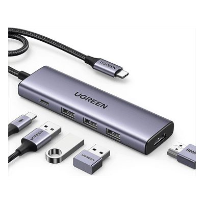 Docking Station USB-C / 5 en 1 / HDMI 2.0 4K@30Hz / 3 USB-A 3.0 5Gbps / PD 100W / Cable 25 cm (9.8 in) / Aluminio 15596 UGREEN