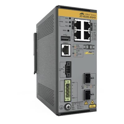 Switch Industrial L2+ / 4 Puertos PoE++ 95W / 2 SFP+ 10G / Sin Ventilador / -40°C a 75°C / UL 2043 AT-IE220-6GHX-980 ALLIED TELESIS