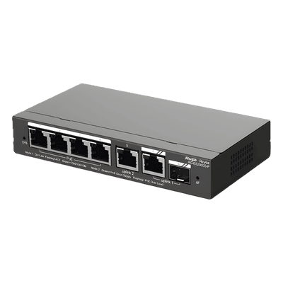 Switch Administrable Cloud / 6 Puertos Gigabit / 4 PoE+ 54W / 1 SFP / 12 Gb/s / Sin Ventilador